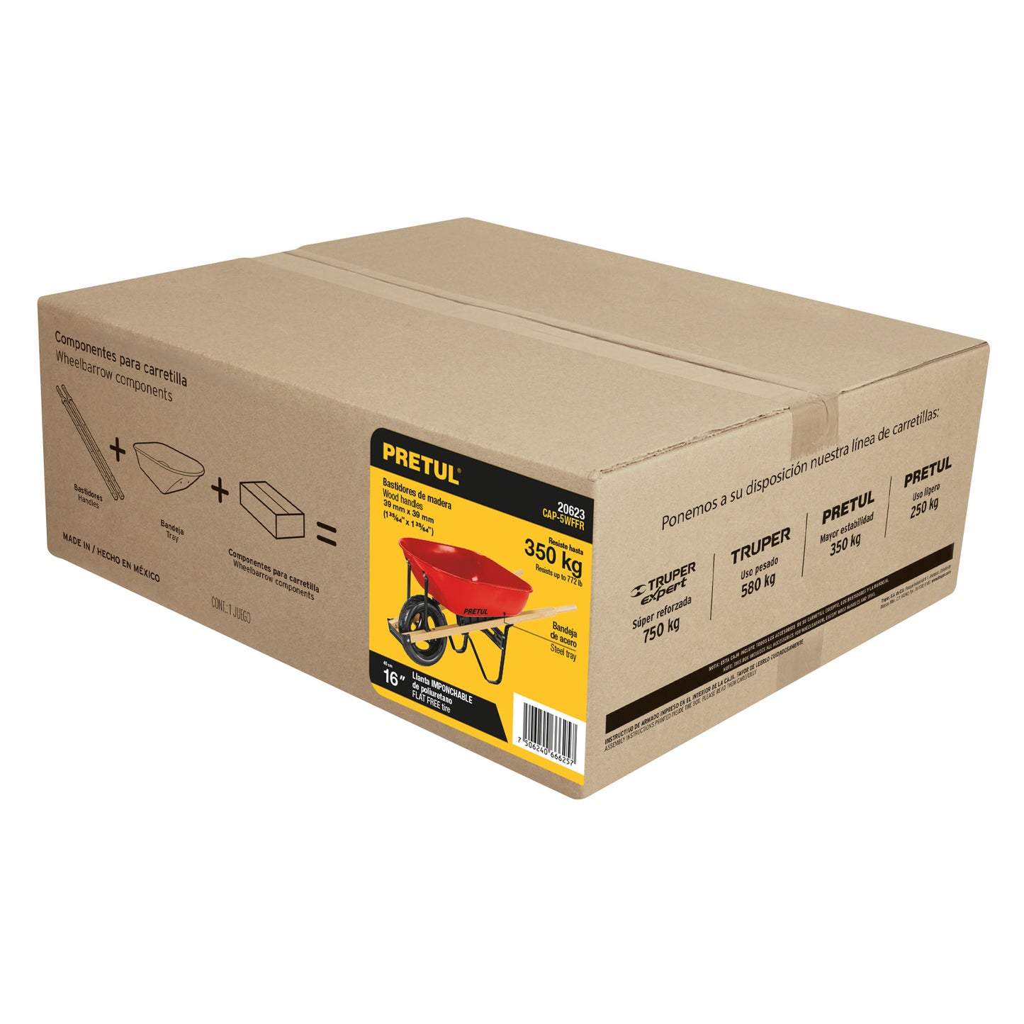 CAP-5WFFR Carretilla 5.5 ft3, mgos/madera 1-3/4", rueda antipinchazo, Pretul