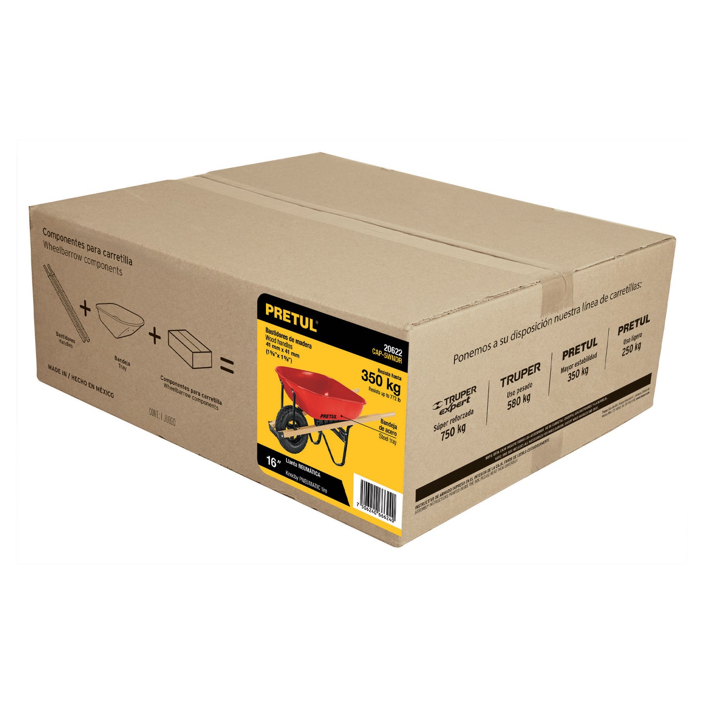 CAP-5WNDR Carretilla 5.5 ft3, mgos/madera 1-3/4", rueda neumática reforzada, Pretul