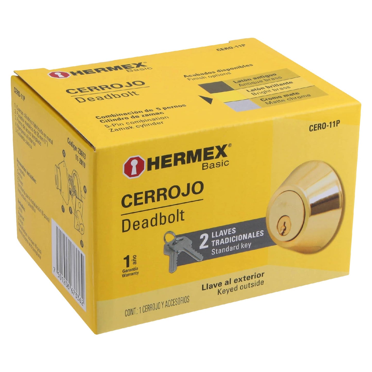 CERO-11P Cerrojo cilindro mariposa latón brillante