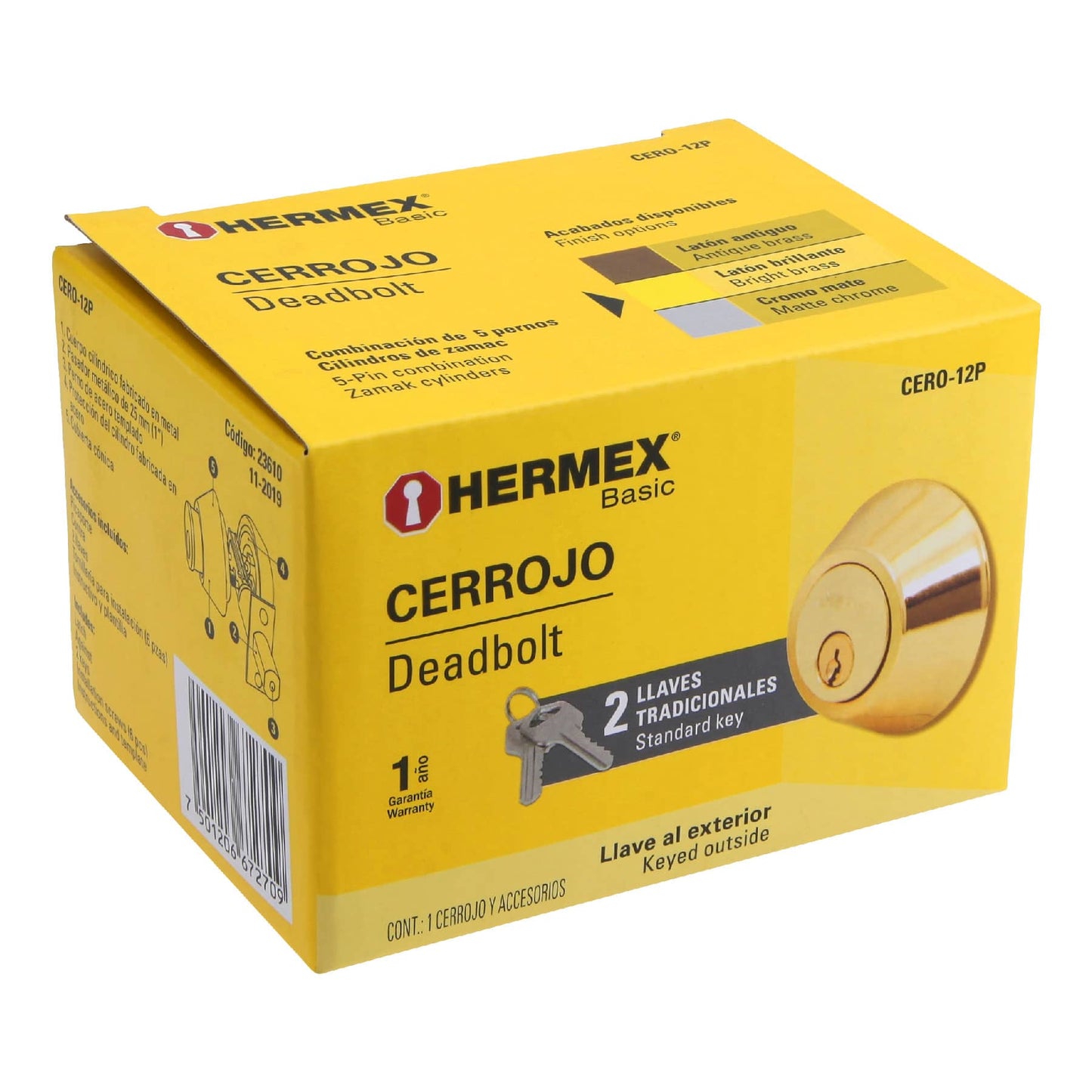 CERO-12P Cerrojo doble cilindro latón brillante