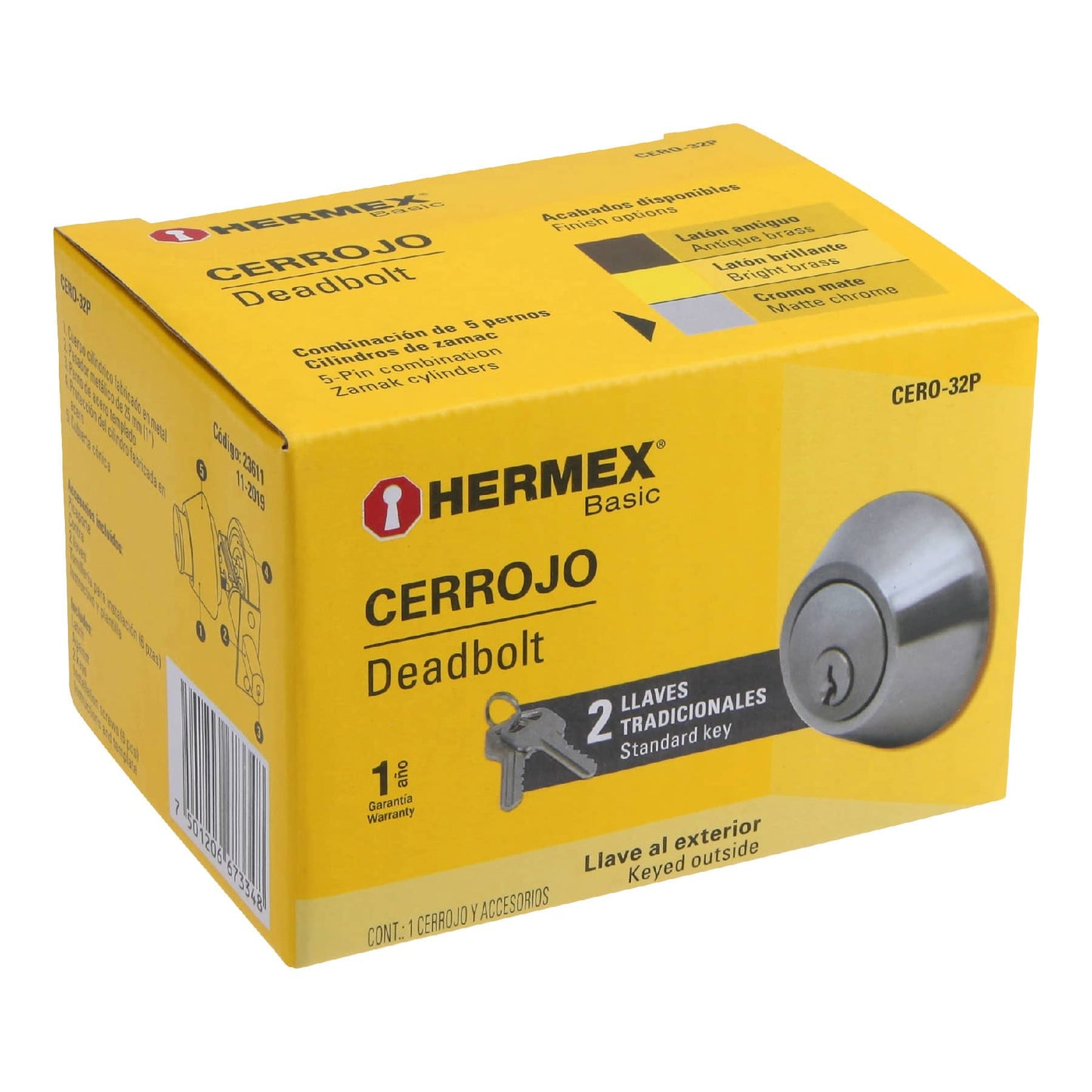 CERO-32P Cerrojo doble cilindro cromo mate