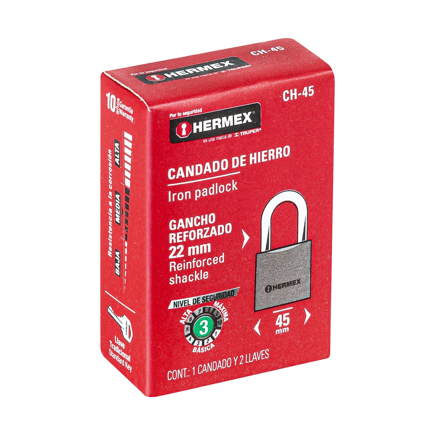 CH-45 Candado de hierro, 45 mm, gancho corto, caja