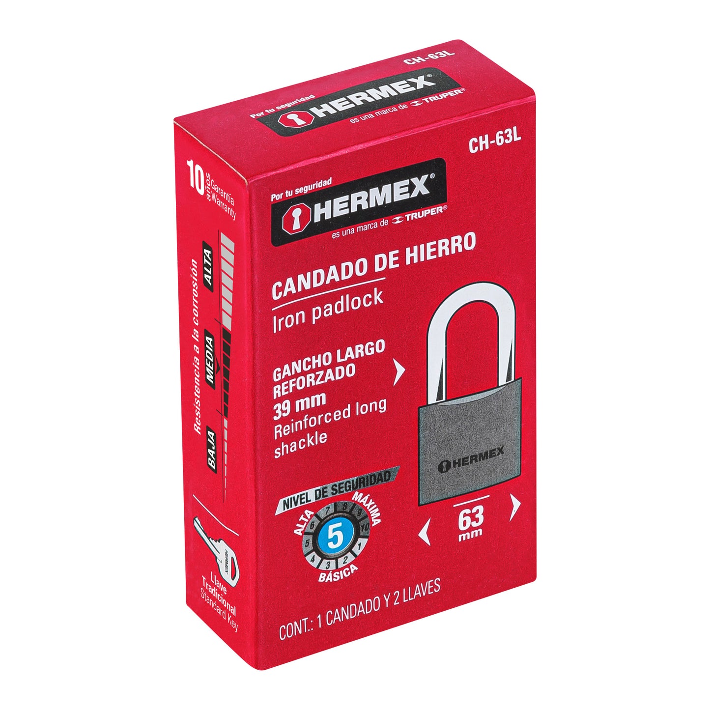CH-63L Candado de hierro, 63 mm, gancho largo, caja