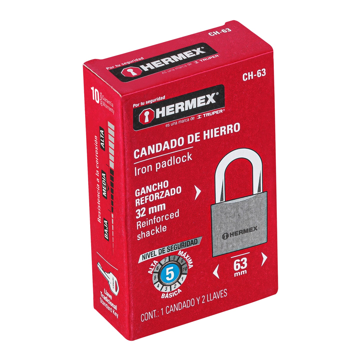 CH-63 Candado de hierro, 63mm, gancho corto, caja