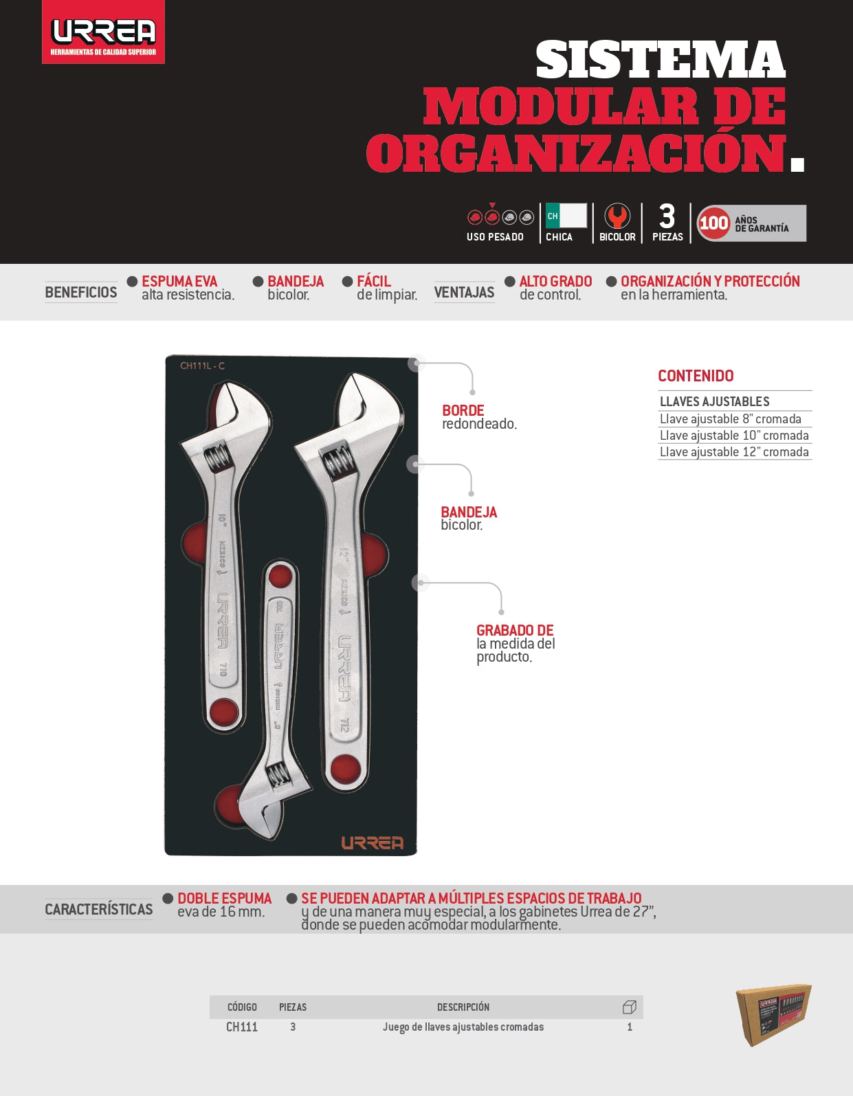 CH111 Juego de llaves ajustables cromadas 3 piezas 8", 10" y 12", uso pesado, Urrea