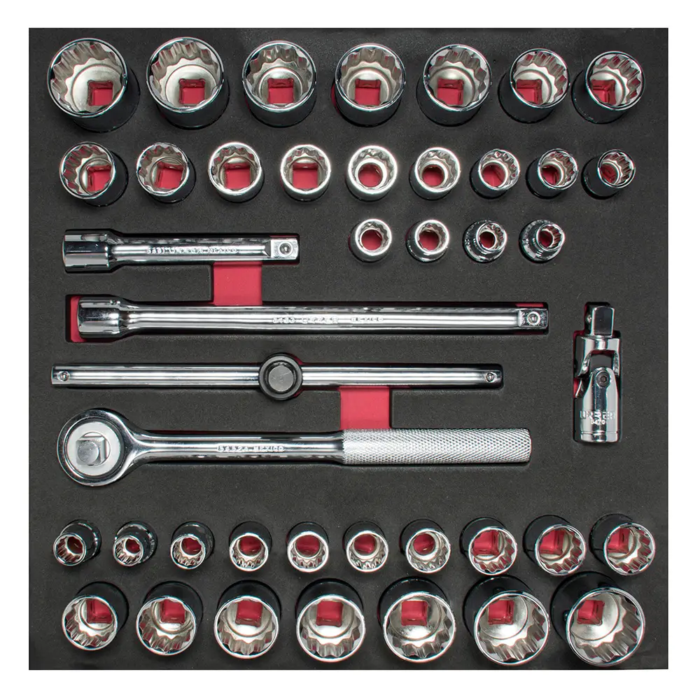 CH203 Juego de copas 12 pt y accesorios cuadrante 1/2" 42 piezas, uso pesado, Urrea