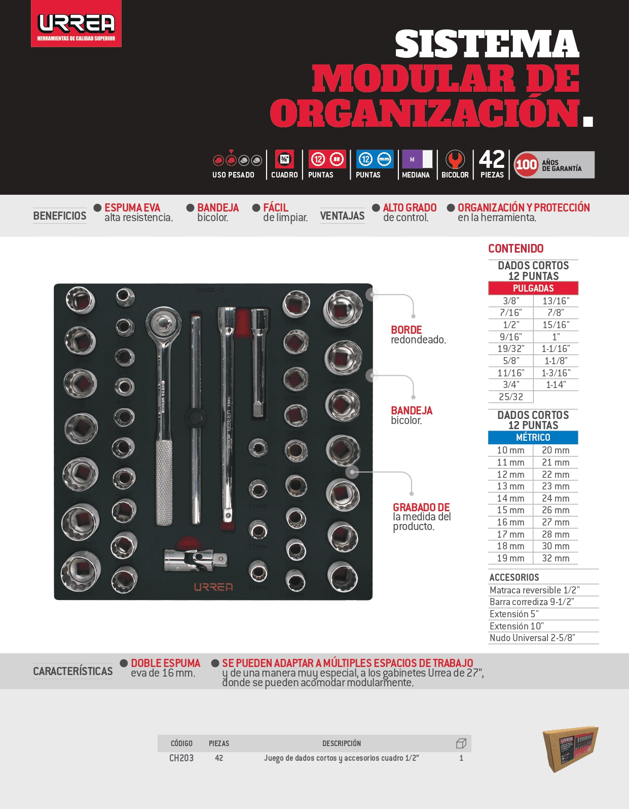 CH203 Juego de copas 12 pt y accesorios cuadrante 1/2" 42 piezas, uso pesado, Urrea