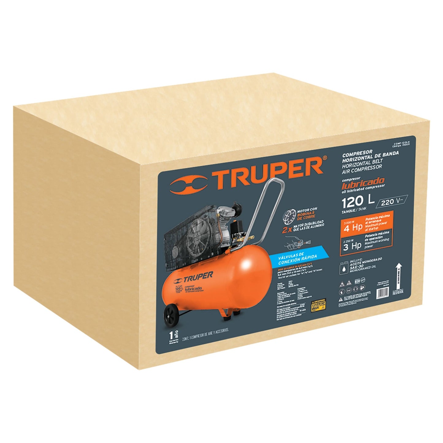 COMP-120LH Compresor horizontal 120 L, 4 HP (potencia máxima), 220 V