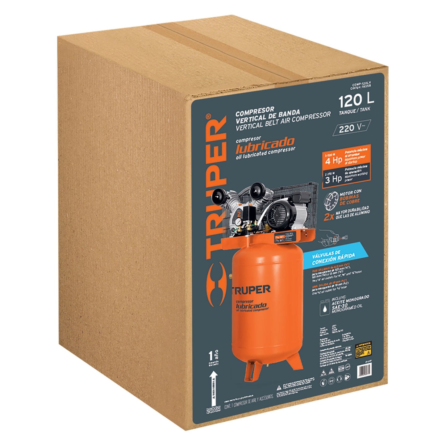 COMP-120LV Compresor vertical 120 L, 4 HP (potencia máxima ), 220 V