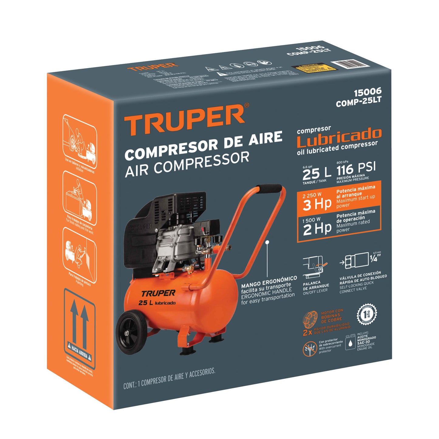 COMP-25LT Compresor horizontal 25L, 3 HP (potencia máxima), 127 V