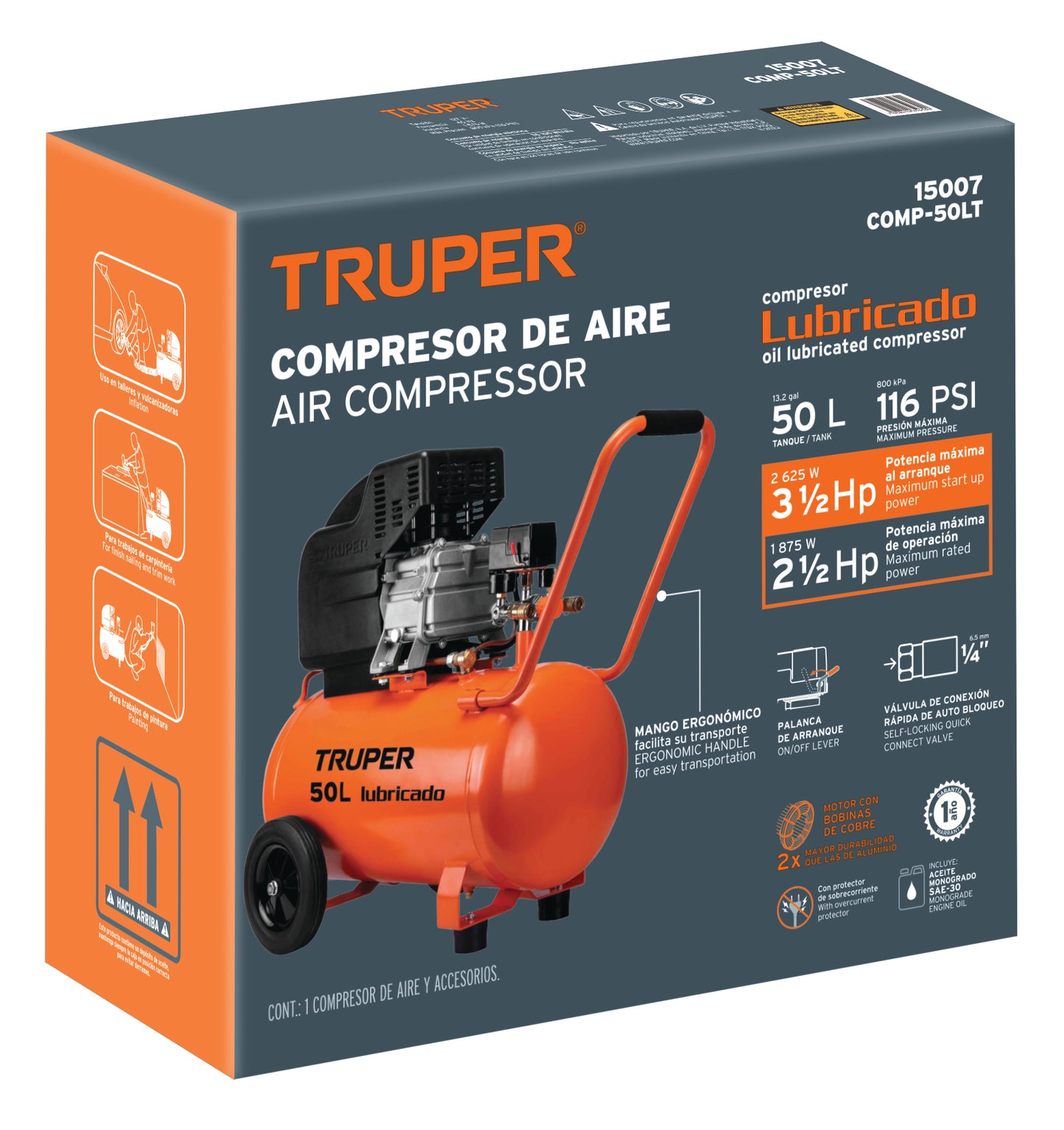 COMP-50LT Compresor 50 L lubricado 3-1/2HP (potencia máxima) 120 V