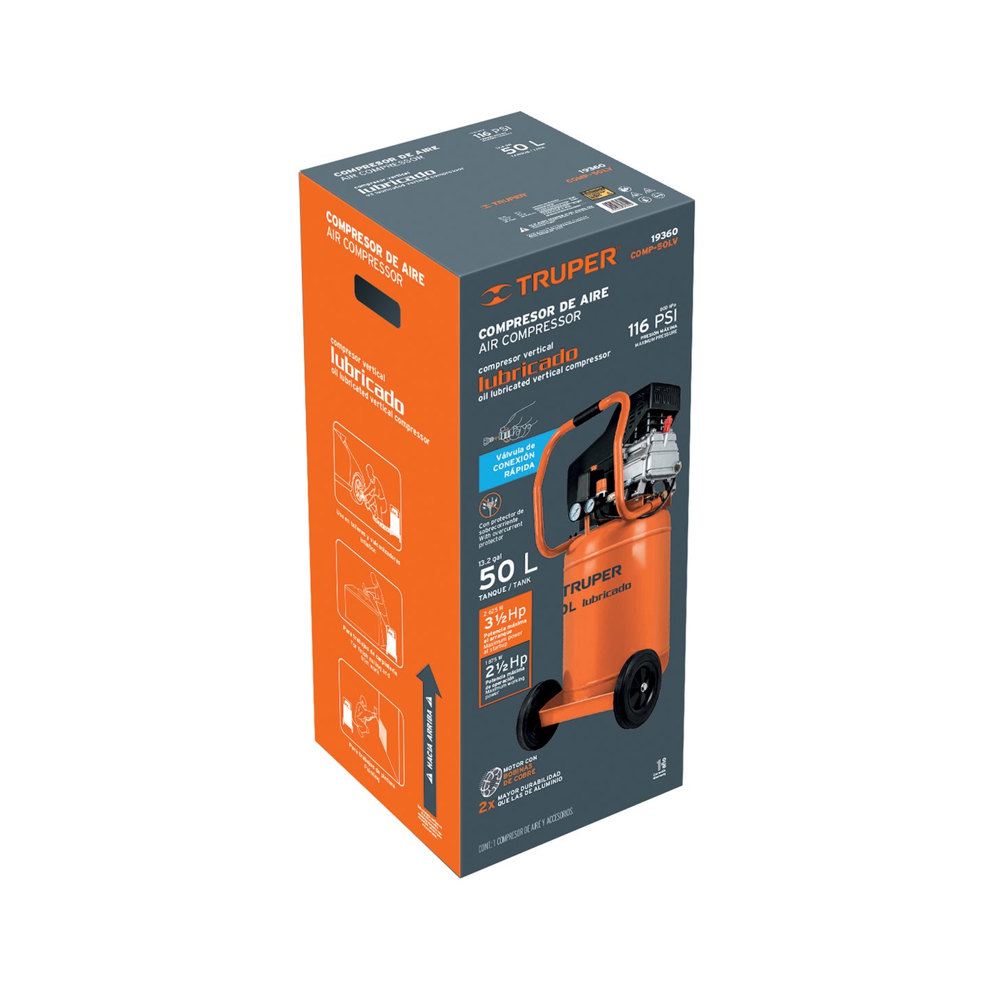 COMP-50LV Compresor 50 litros, lubricado, 3 1/2 HP (máx) vertical