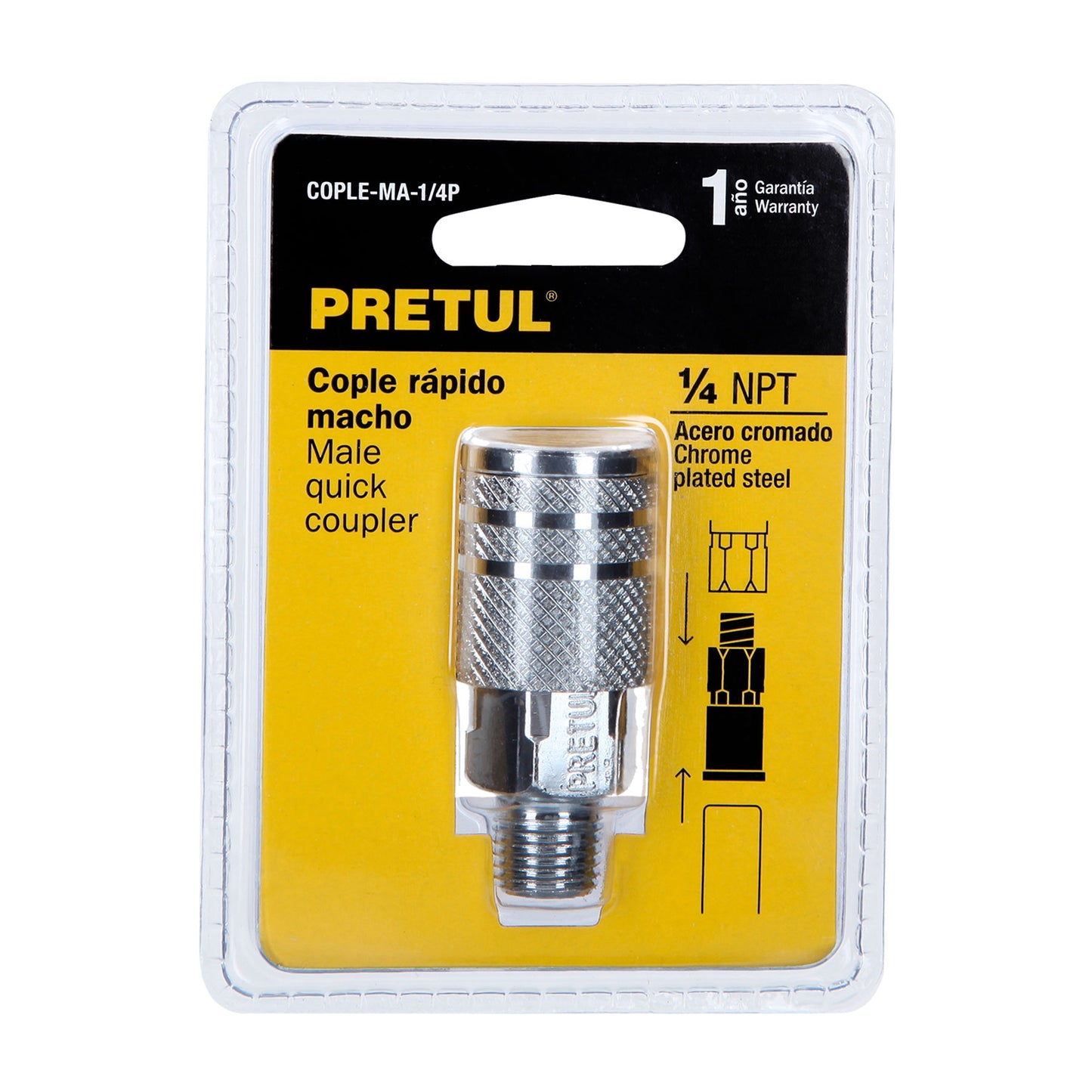 COPLE-MA-1/4P Acople rápido de acero cromado, macho, Pretul