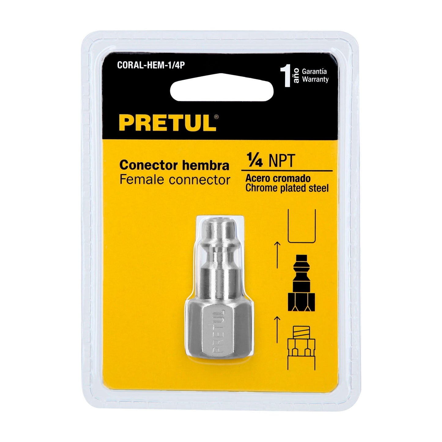 CORAL-HEM-1/4P Conector rápido de acero cromado, 1/4 NPT, hembra, Pretul
