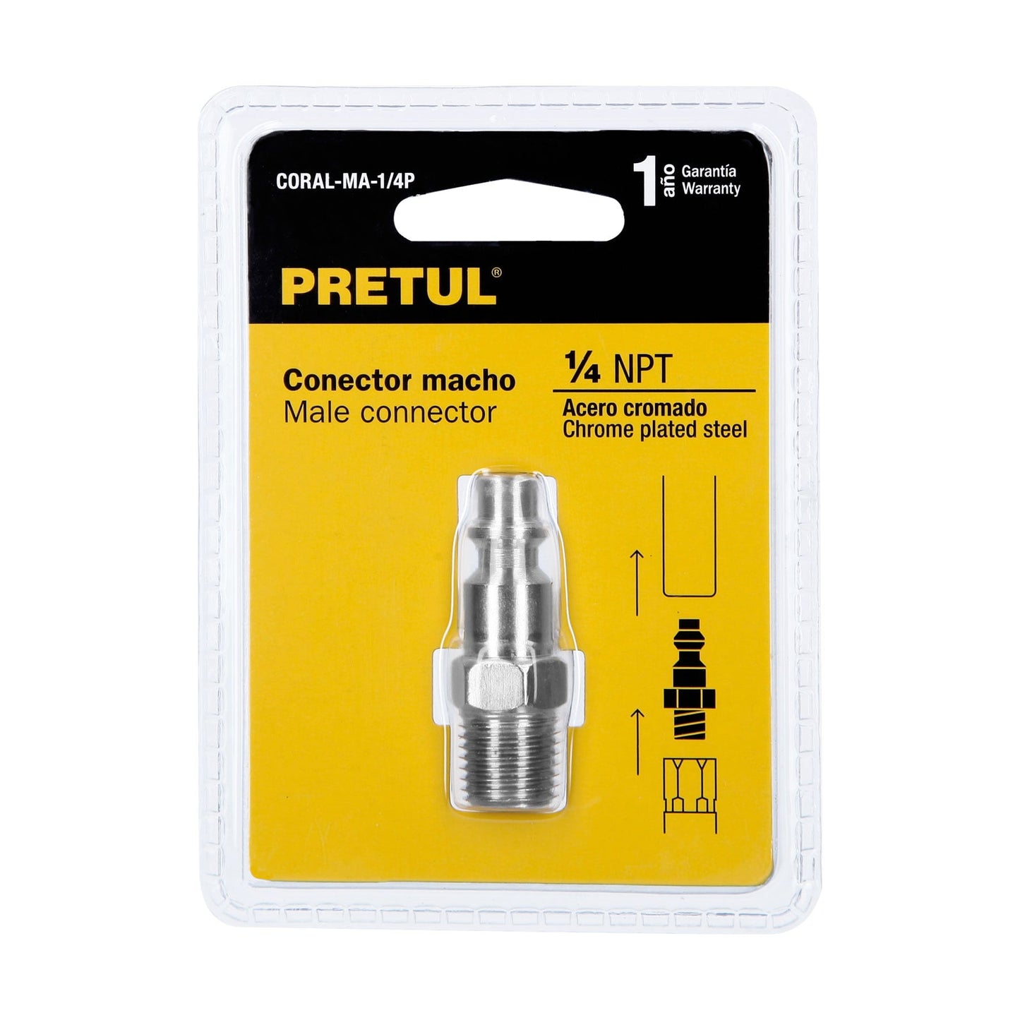 CORAL-MA-1/4P Conector rápido de acero cromado, 1/4 NPT, macho, Pretul