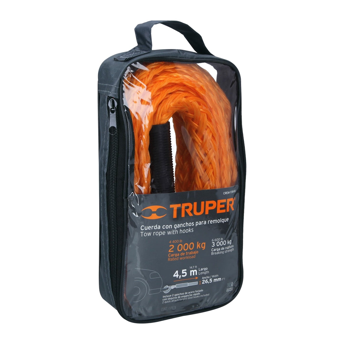 CREM-7/8X45 Cuerda para remolque con ganchos, 7/8” x 4.5m