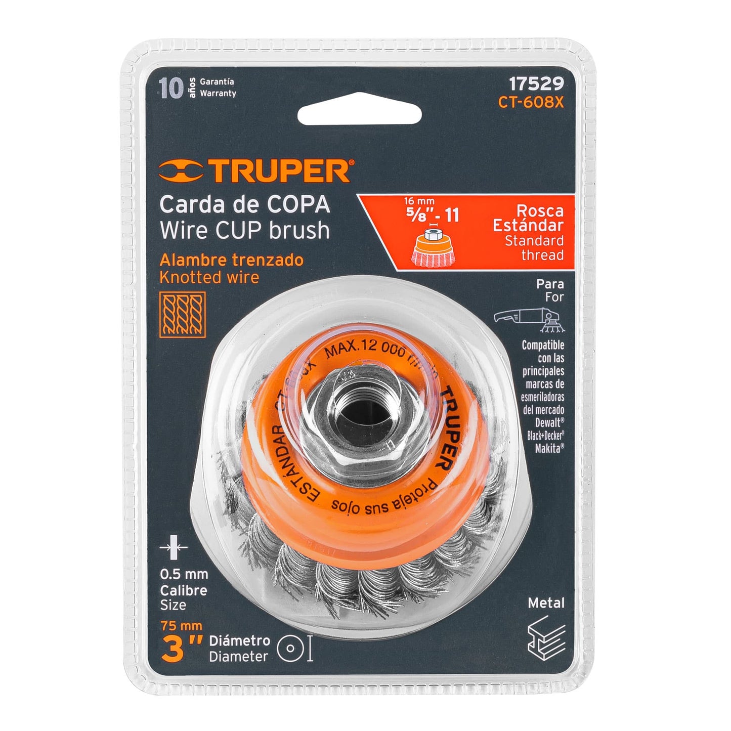 CT-608X Carda copa, alambre trenzado grueso, 3x5/8', para esmeril