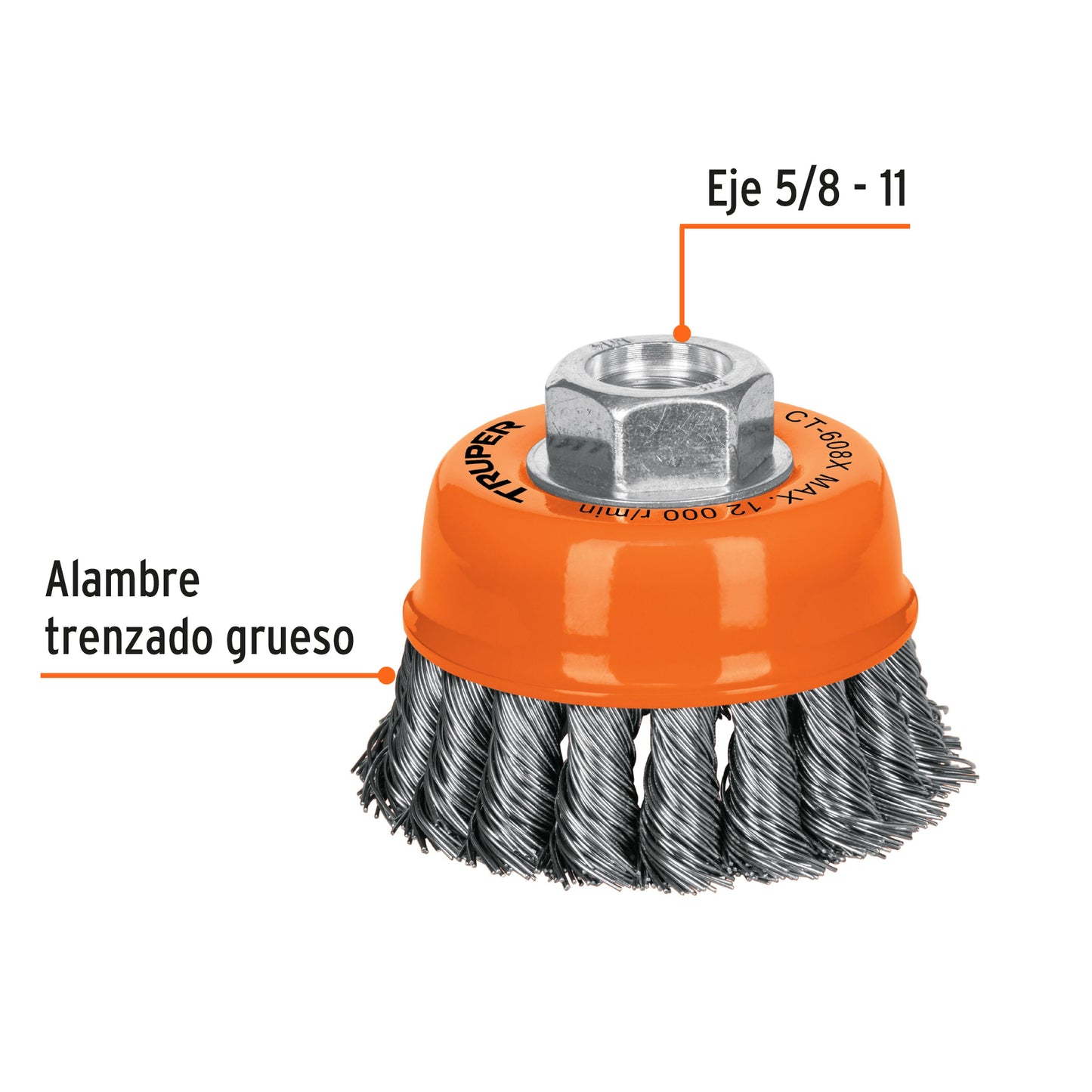 CT-608X Carda copa, alambre trenzado grueso, 3x5/8', para esmeril