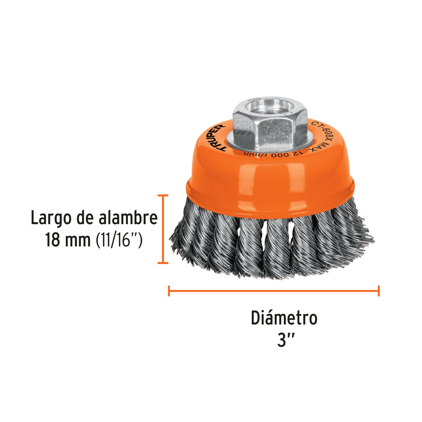 CT-608X Carda copa, alambre trenzado grueso, 3x5/8', para esmeril