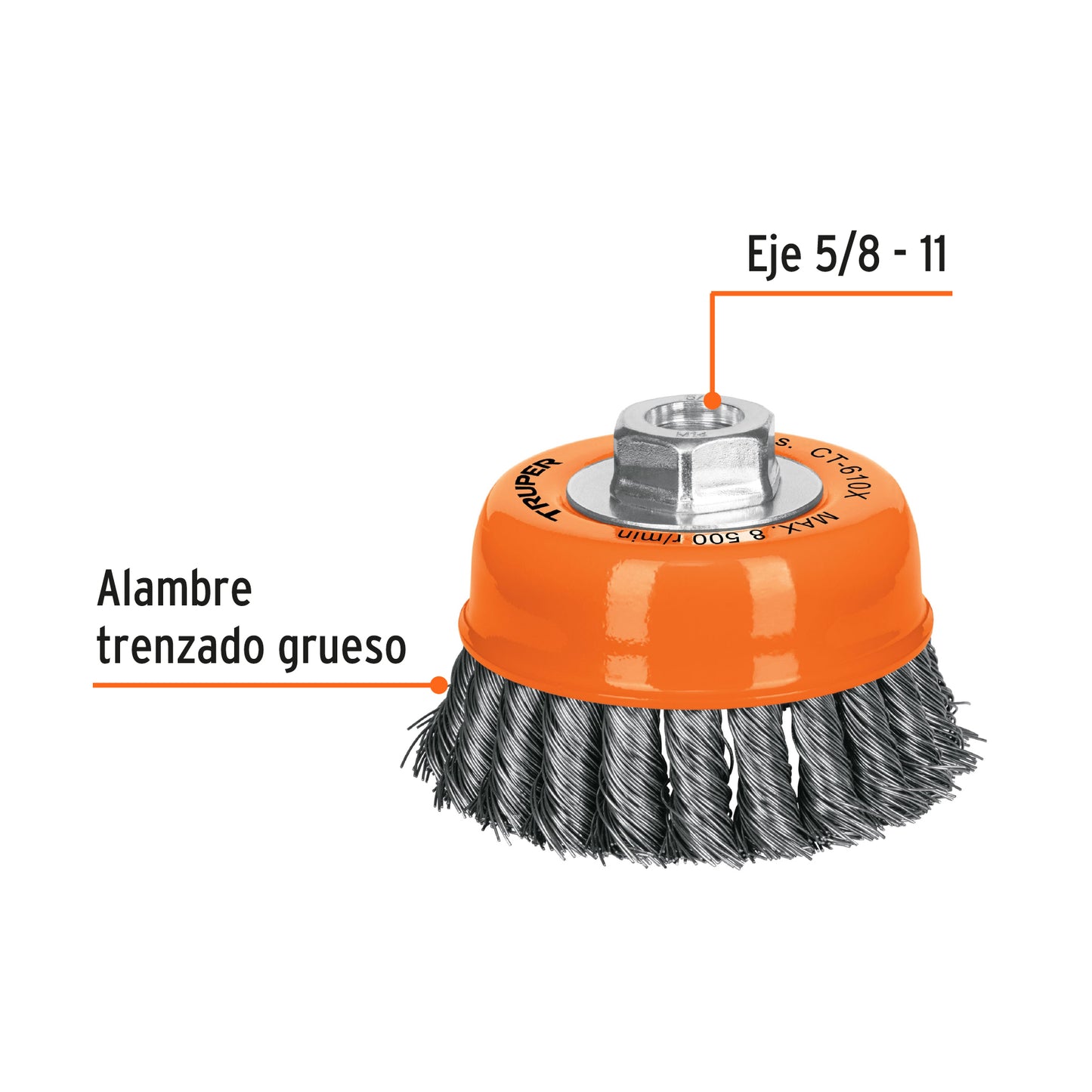 CT-610X Carda copa, alambre trenzado grueso, 4x5/8', para esmeril