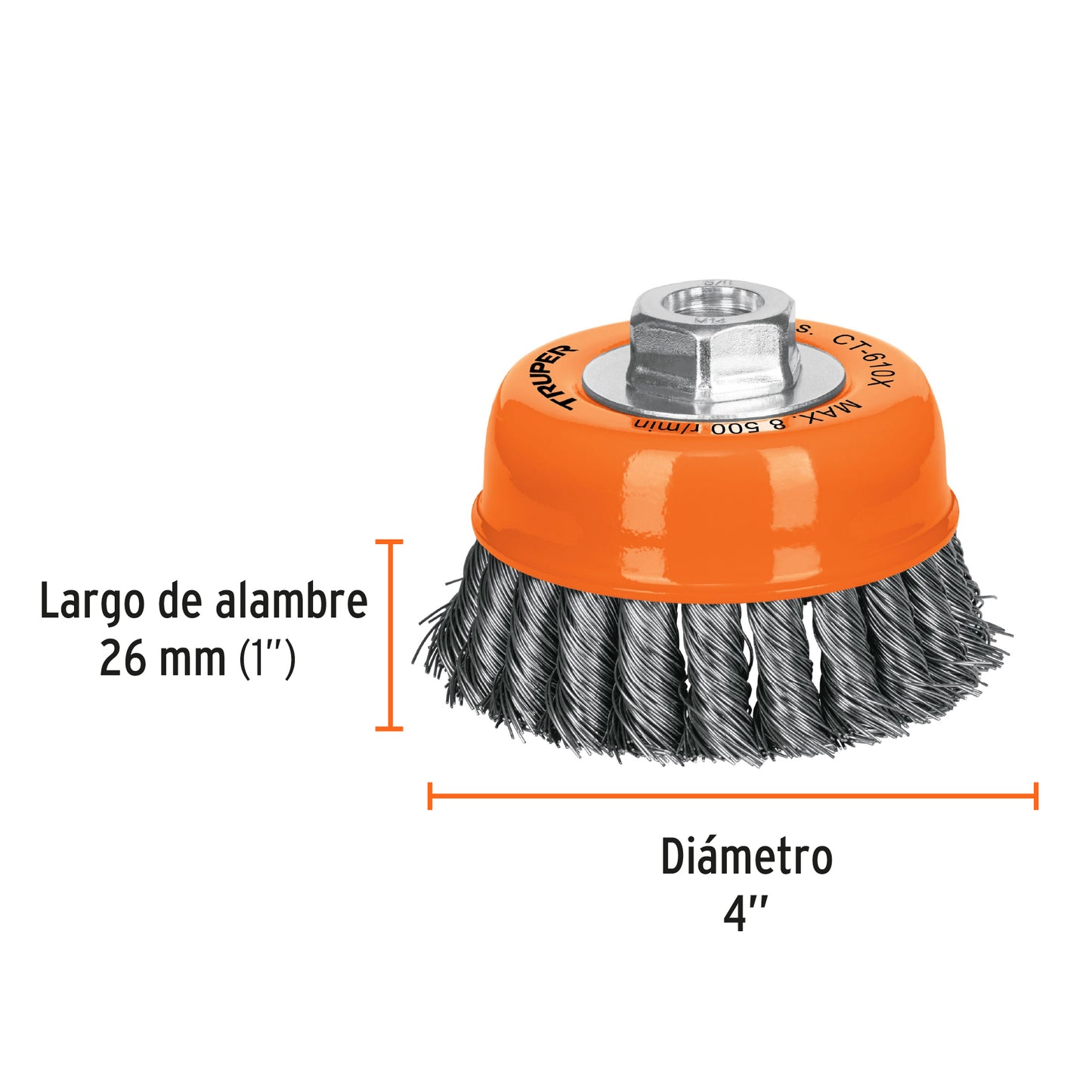 CT-610X Carda copa, alambre trenzado grueso, 4x5/8', para esmeril