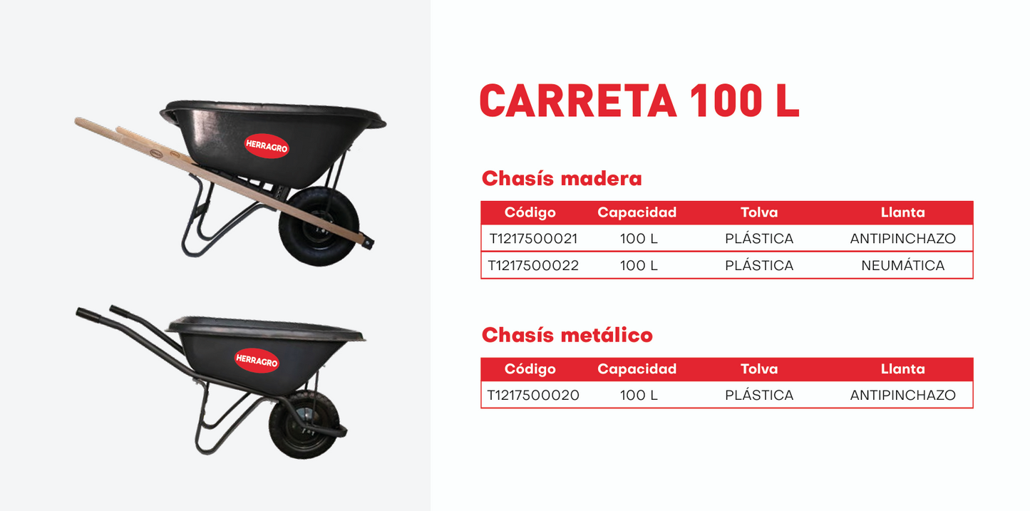 T1217500022 Carreta 100L chasís de madera, platón plástico con llanta neumática Herragro