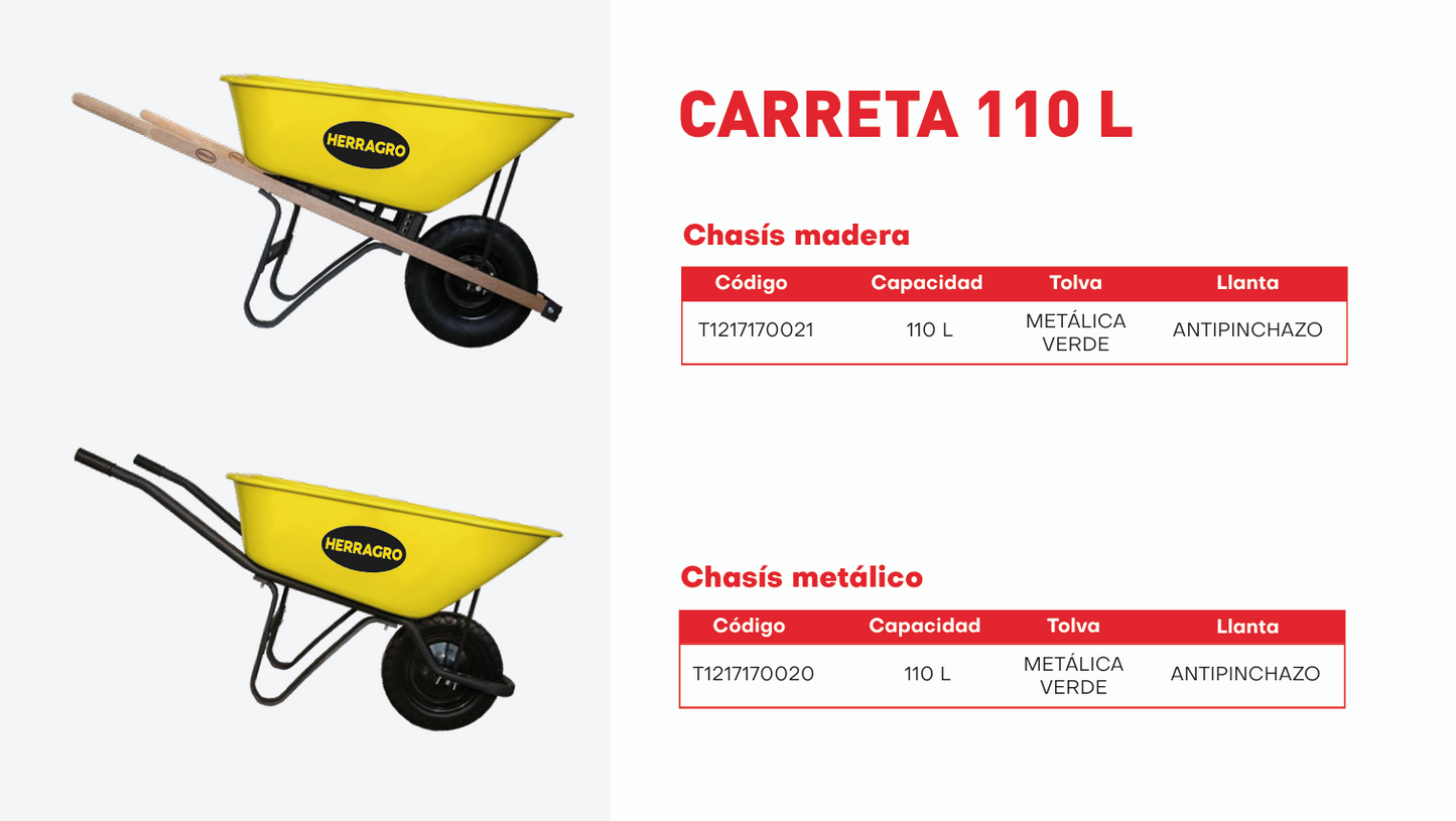 T1217170020 Carreta 110L chasís metálico, platón metálico verde con llanta antipinchazo Herragro