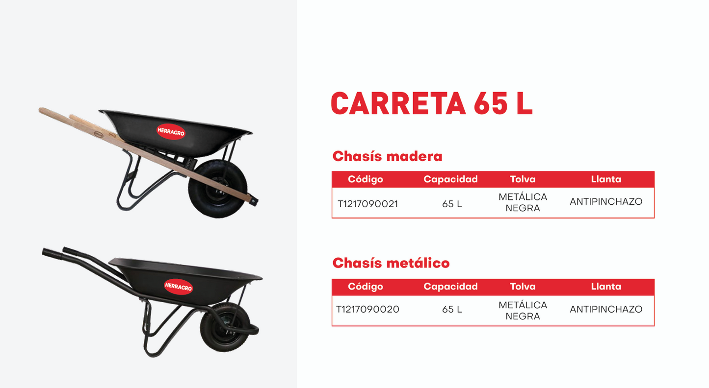 T1217090020 Carreta 65L chasís metálico, platón metálico negro con llanta antipinchazo Herragro