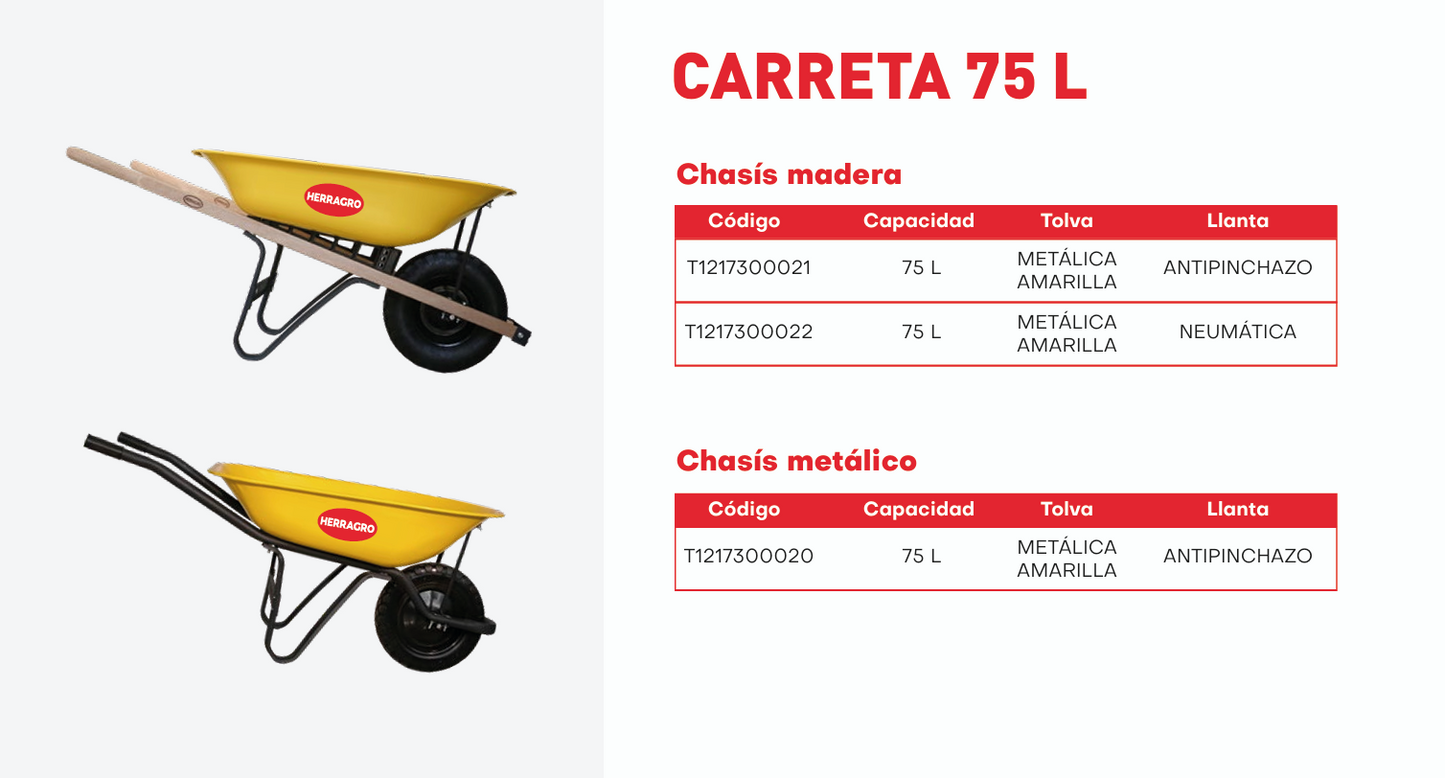 T1217300020 Carreta 75L chasís metálico, platón metálico amarillo con llanta antipinchazo Herragro