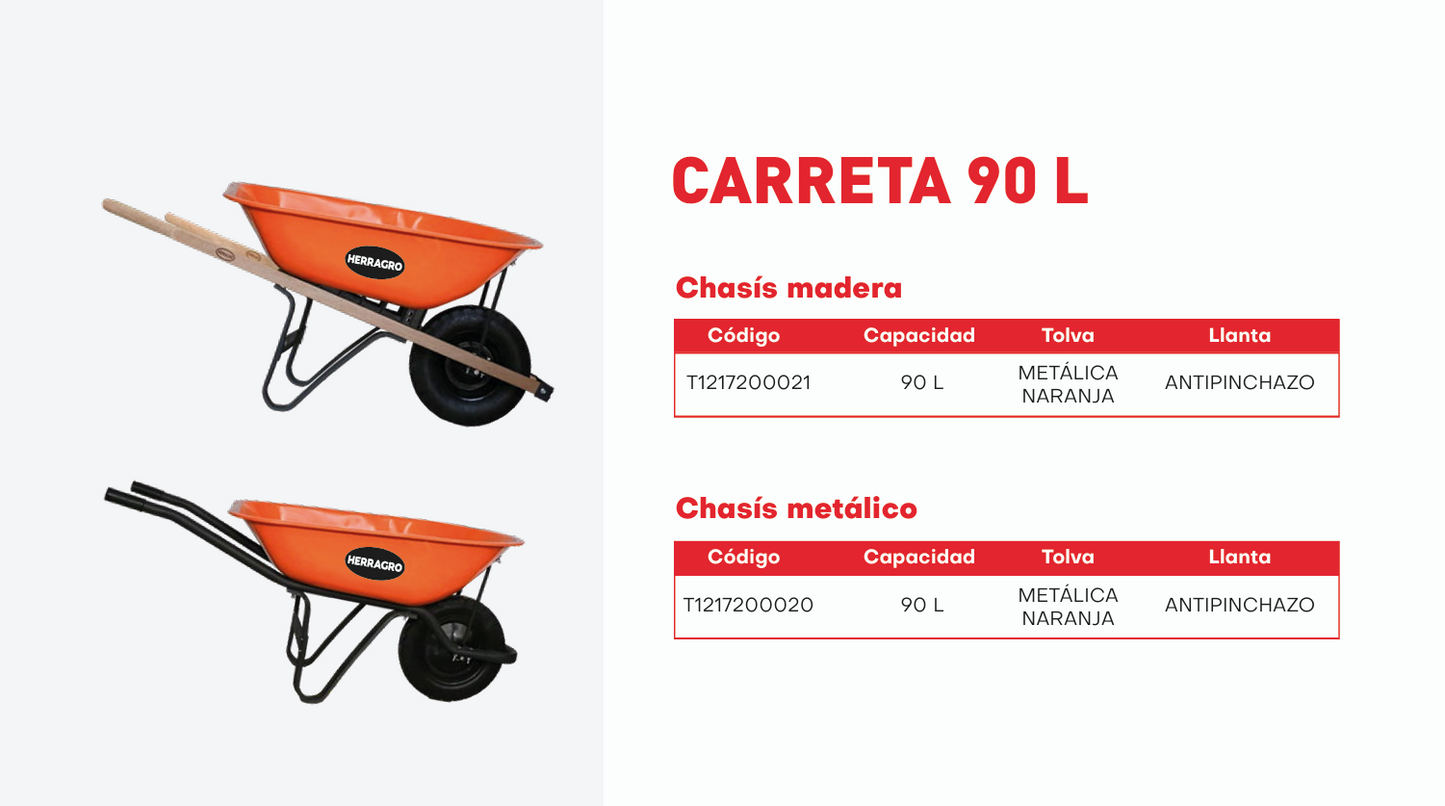 T1217200021 Carreta 90L chasís de madera, platón metálico naranja con llanta antipinchazo Herragro