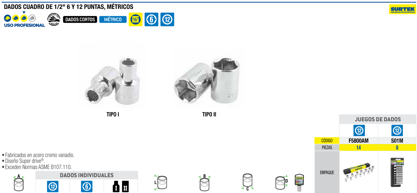 F5810M Copa de 12 puntas, cuadrante 1/2" de 10 mm recubierta en Cr-Ni