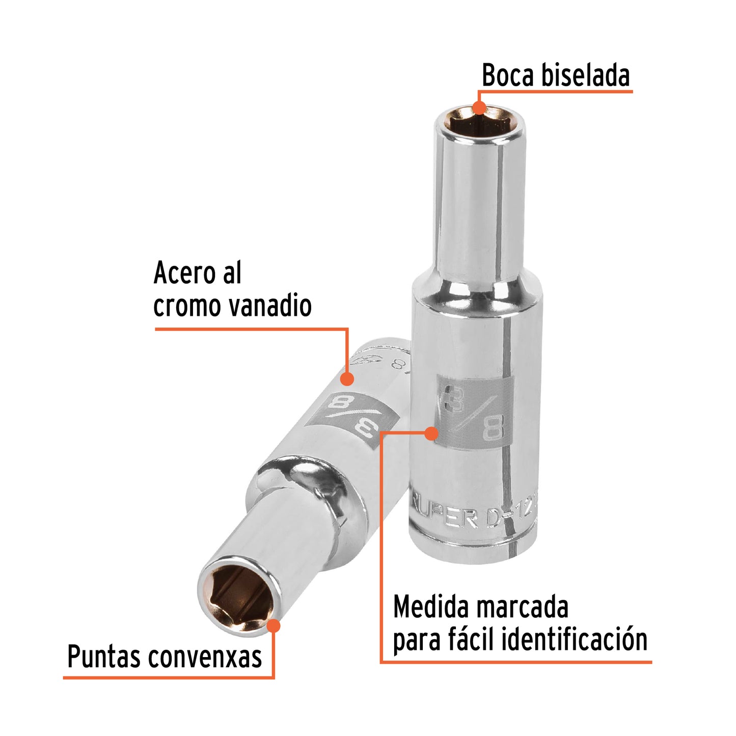 D-1212-HL Copa de 6 puntas, largo, mando 1/2" de 3/8"