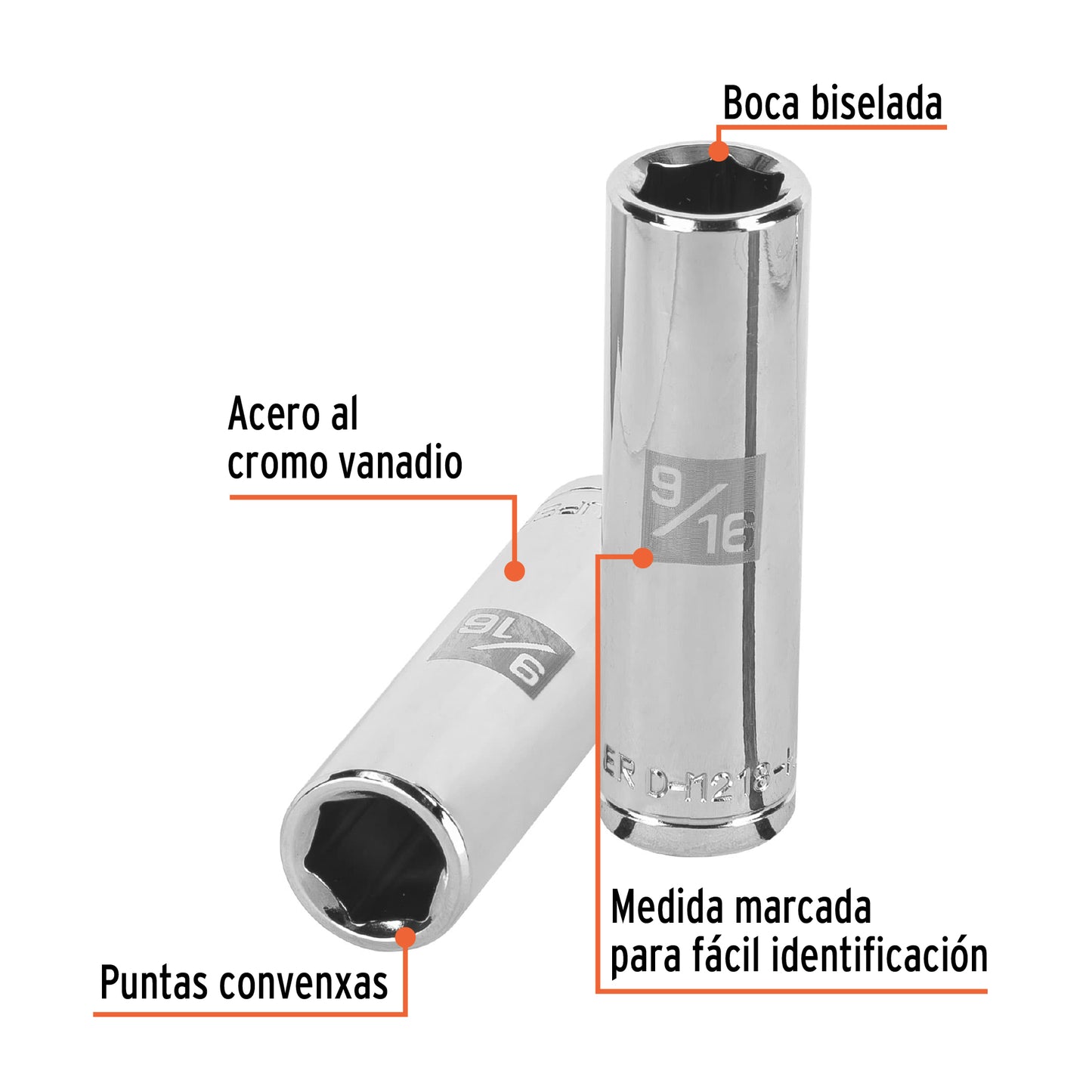 D-1218-HL Copa de 6 puntas, largo, mando 1/2" de 9/16"