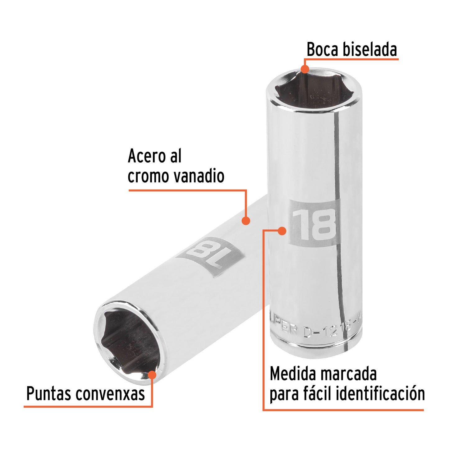 D-1218-ML Copa de 6 puntas, mando 1/2" de 18mm