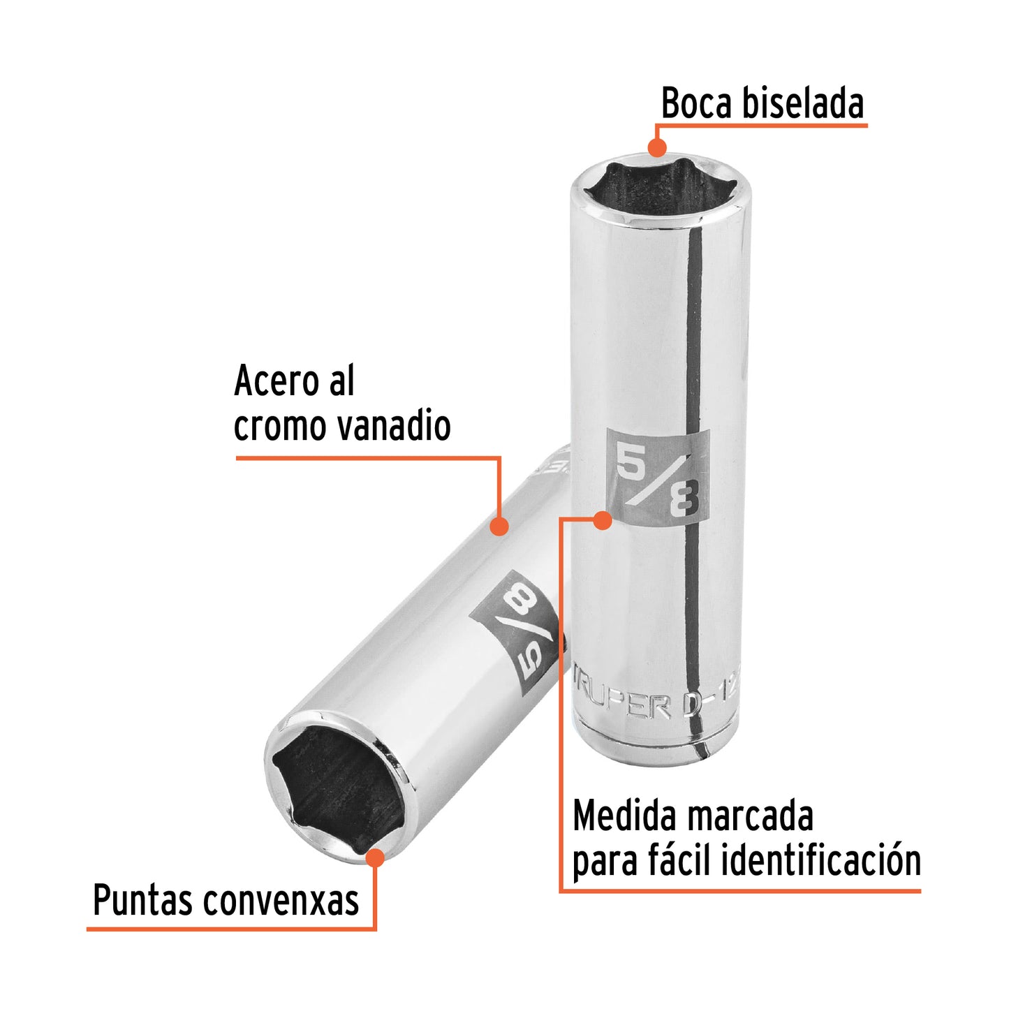 D-1220-HL Copa de 6 puntas, largo, mando 1/2" de 5/8"