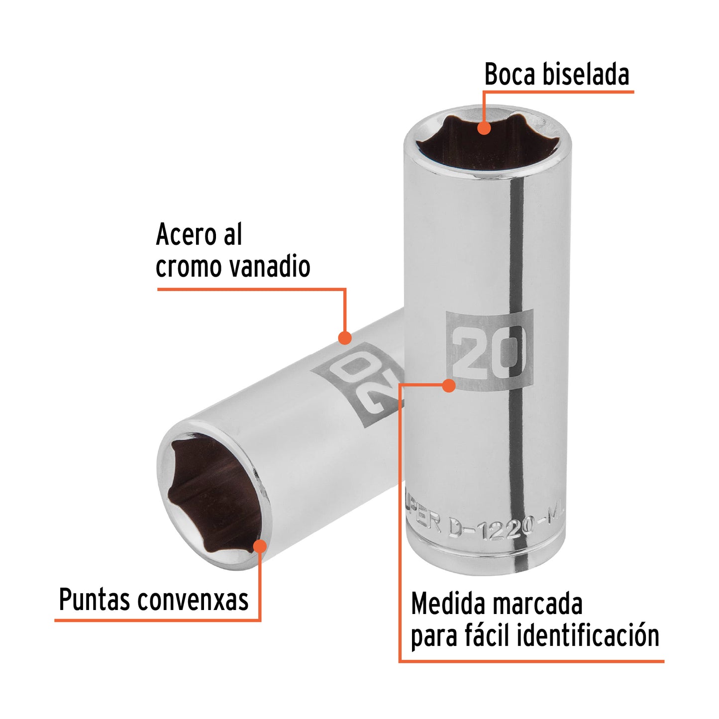 D-1220-ML Dado largo de 6 puntas, cuadro 1/2' de 20 mm