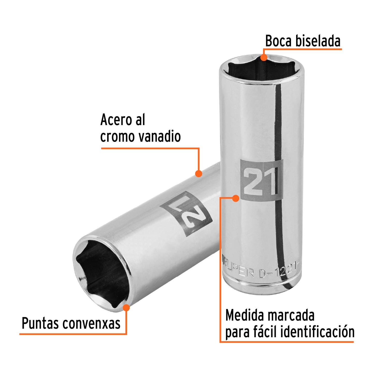 D-1221-ML Dado largo de 6 puntas, cuadro 1/2' de 21 mm