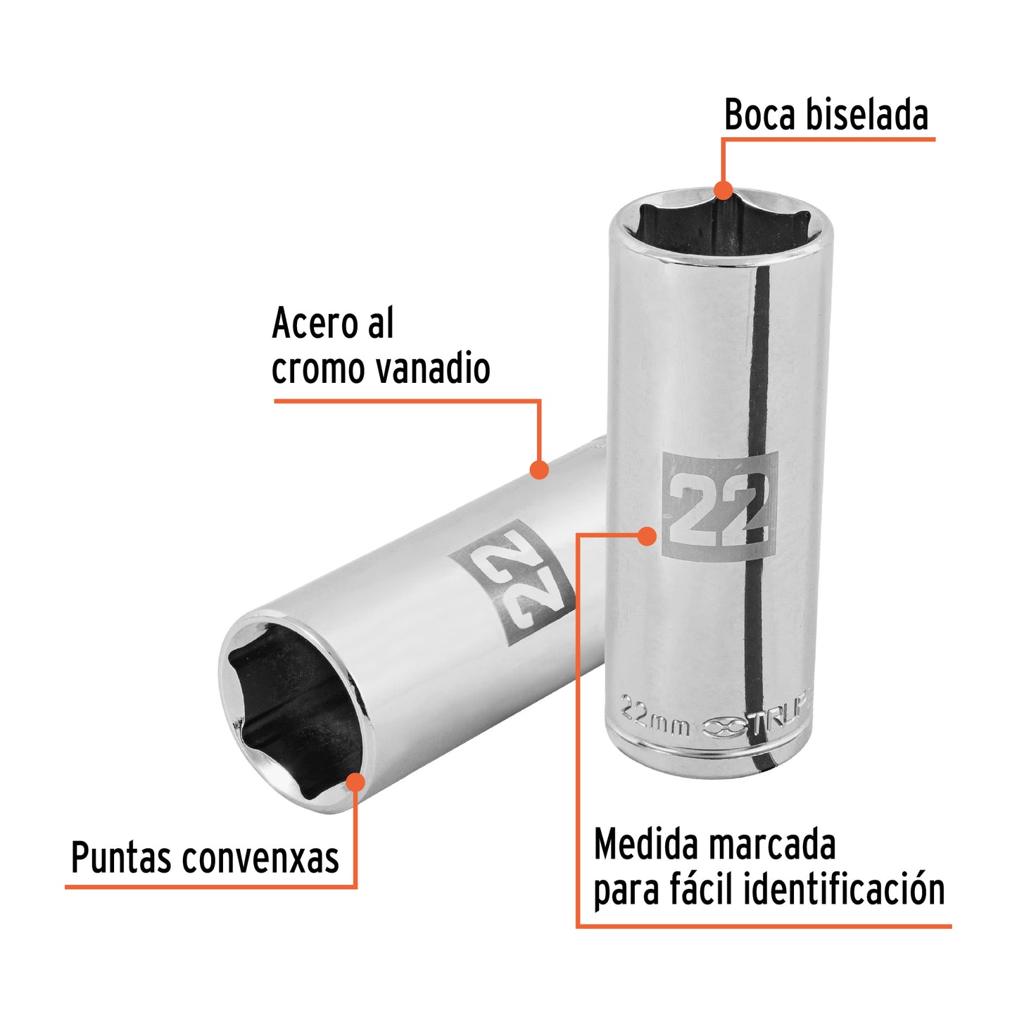 D-1222-ML Dado largo de 6 puntas, cuadro 1/2' de 22 mm