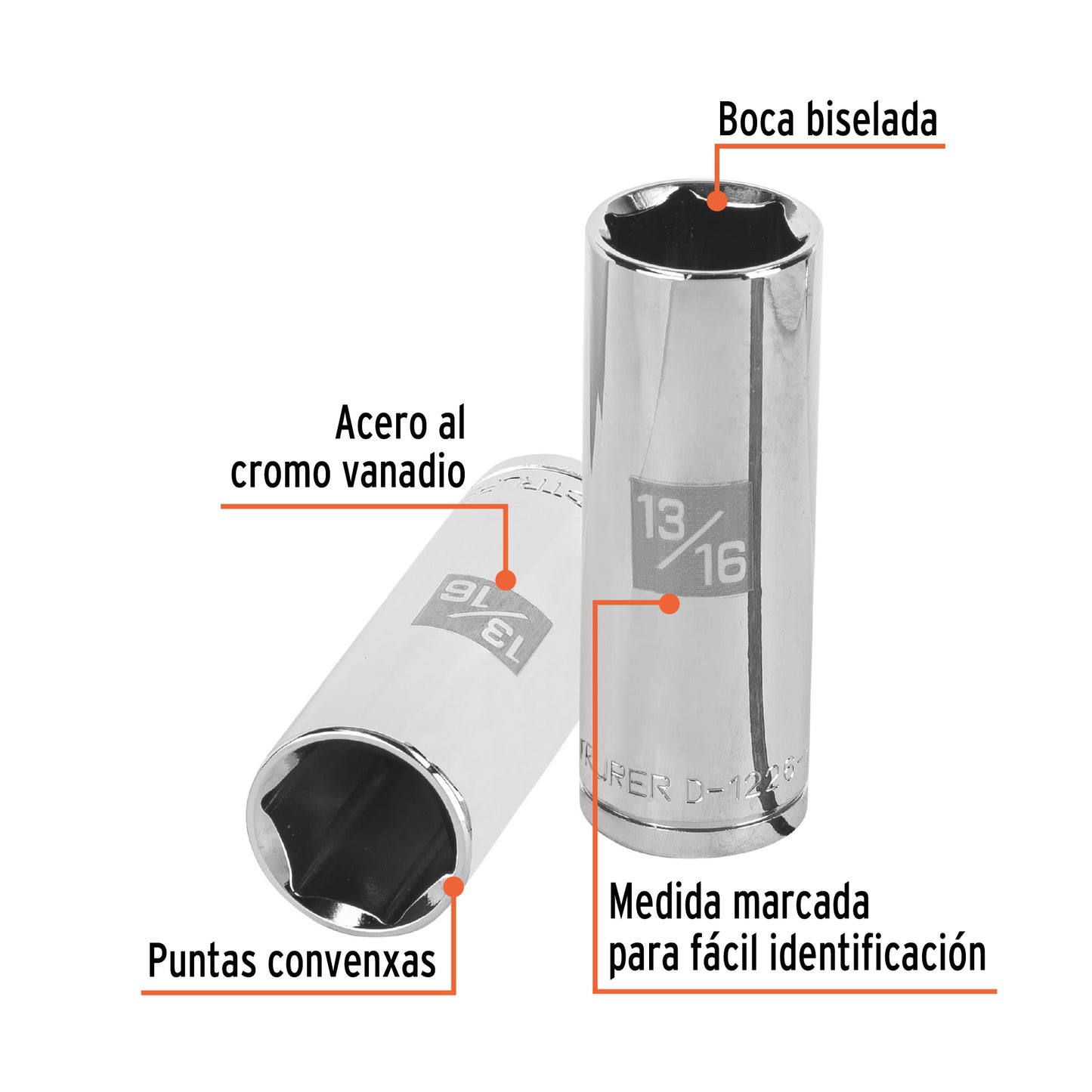 D-1226-HL Copa de 6 puntas, largo, mando 1/2" de 13/16"