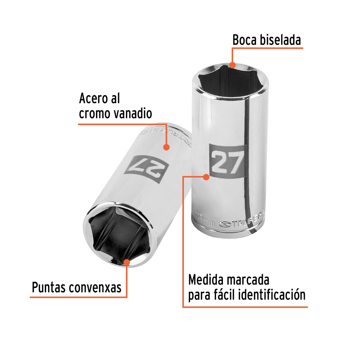 D-1227-ML Dado largo de 6 puntas, cuadro 1/2' de 27 mm