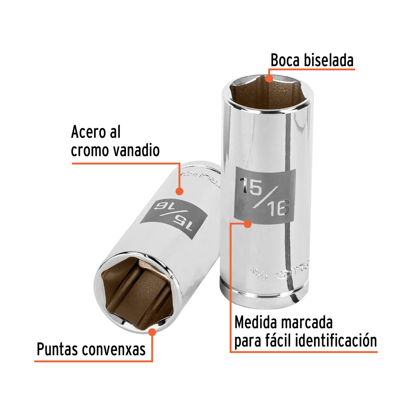 D-1230-HL Copa de 6 puntas, largo, mando 1/2" de 15/16"