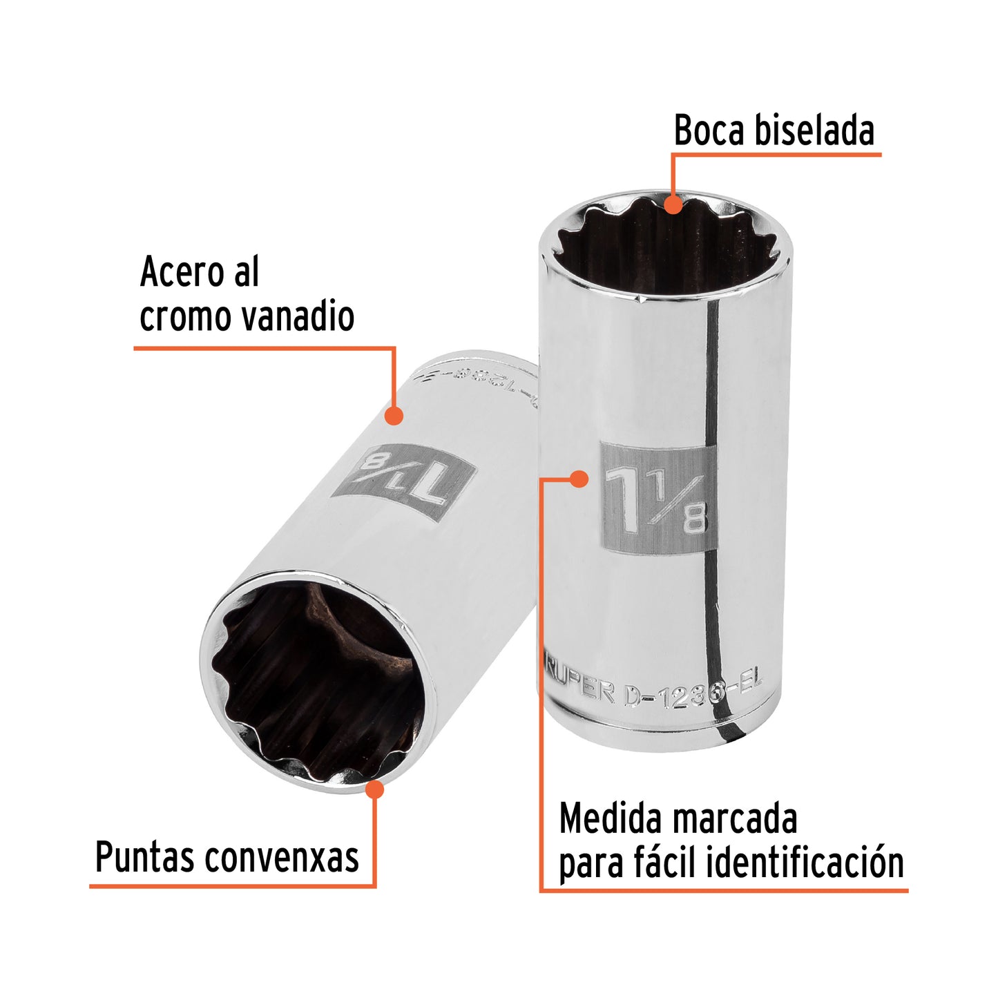 D-1236-EL Copa de 12 puntas, largo, mando 1/2" de 1-1/8"