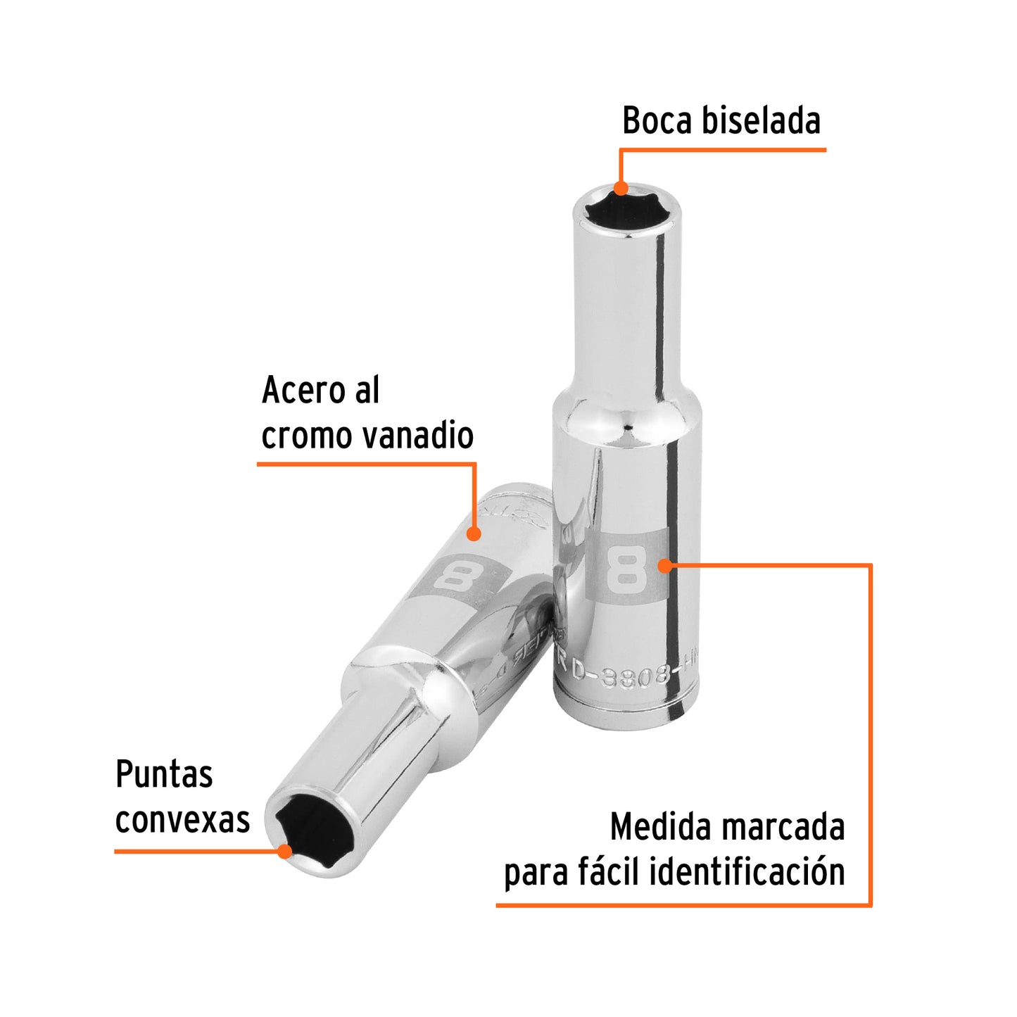D-3808-HM-L Dado largo de 6 puntas, cuadro 3/8' de 8 mm