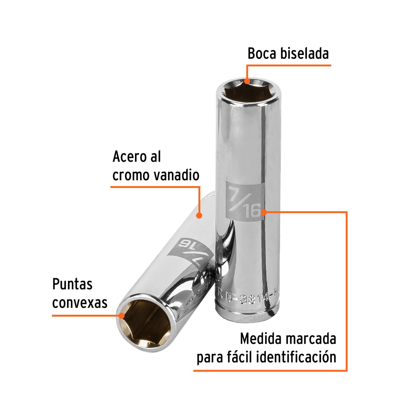 D-3814-HL Copa de 6 puntas, largo, mando 3/8" de 7/16"