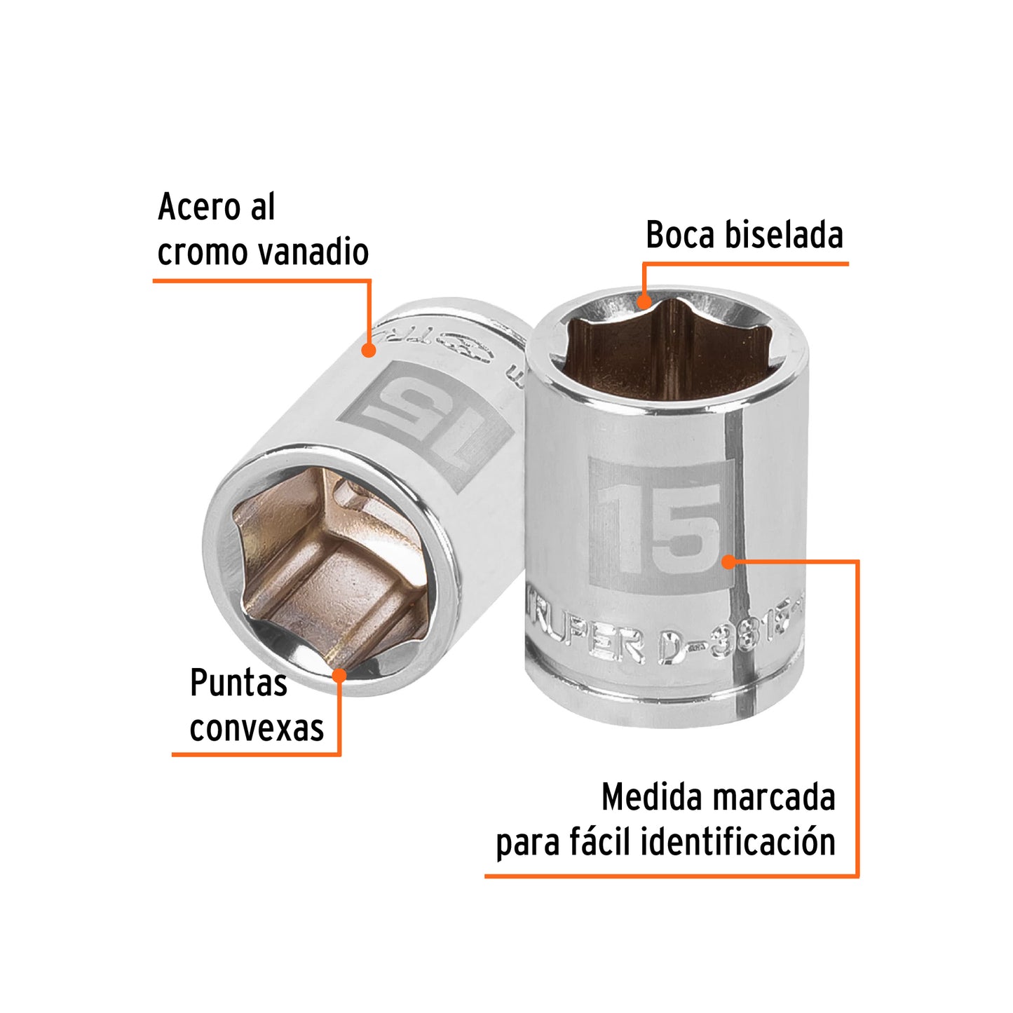D-3815-HM Copa de 6 puntas, mando 3/8", de 15mm