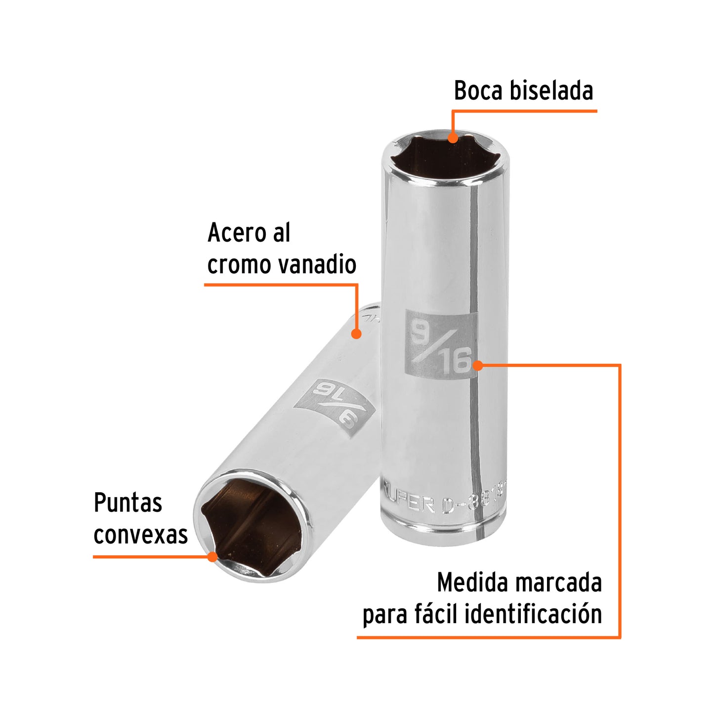 D-3818-HL Copa de 6 puntas, largo, mando 3/8" de 9/16"
