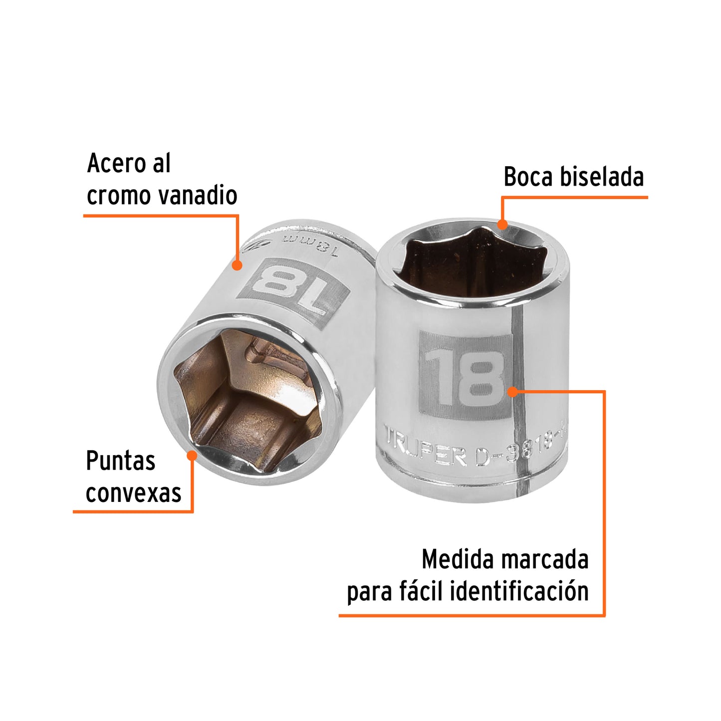 D-3818-HM Copa de 6 puntas, mando 3/8", de 18mm