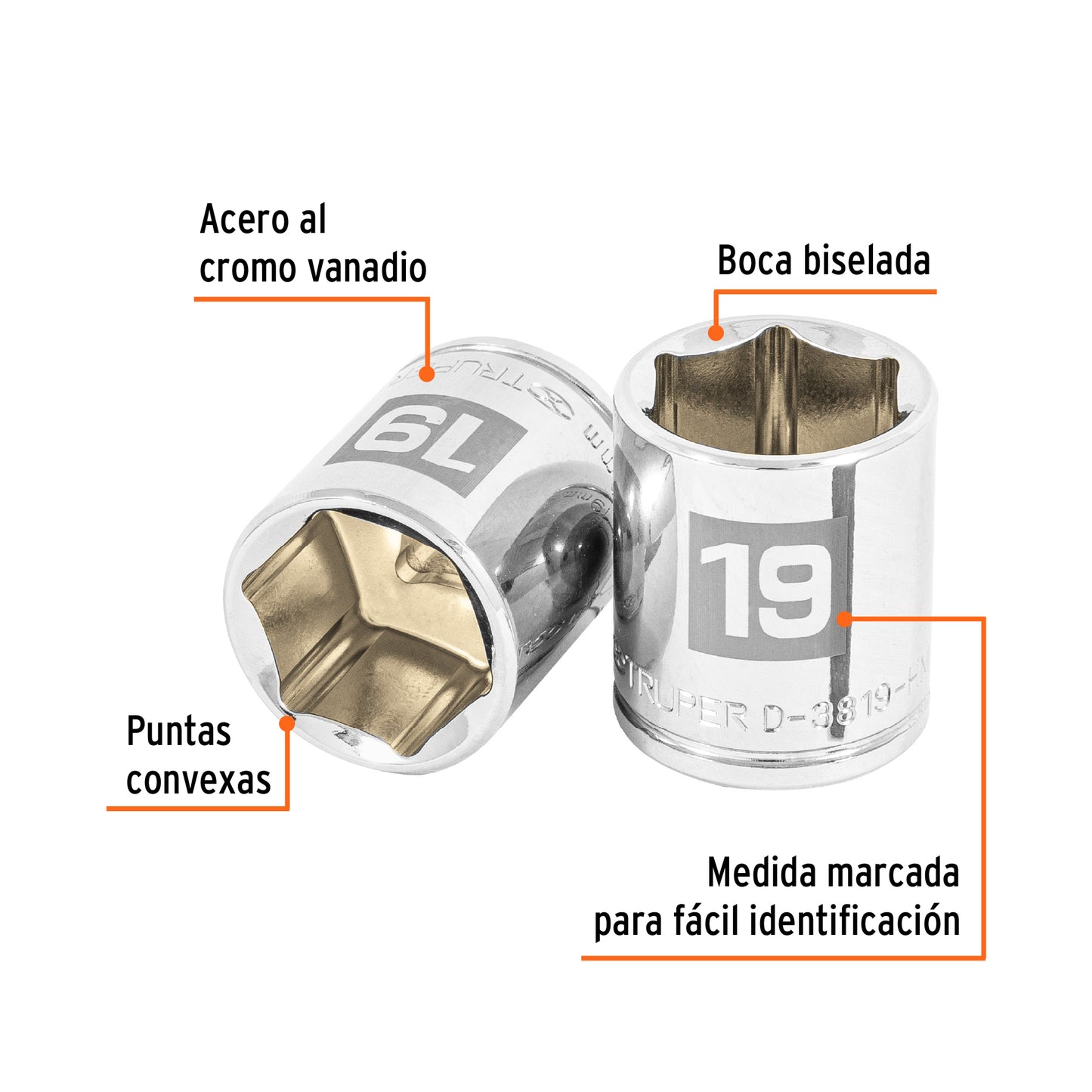 D-3819-HM Copa de 6 puntas, mando 3/8", de 19mm