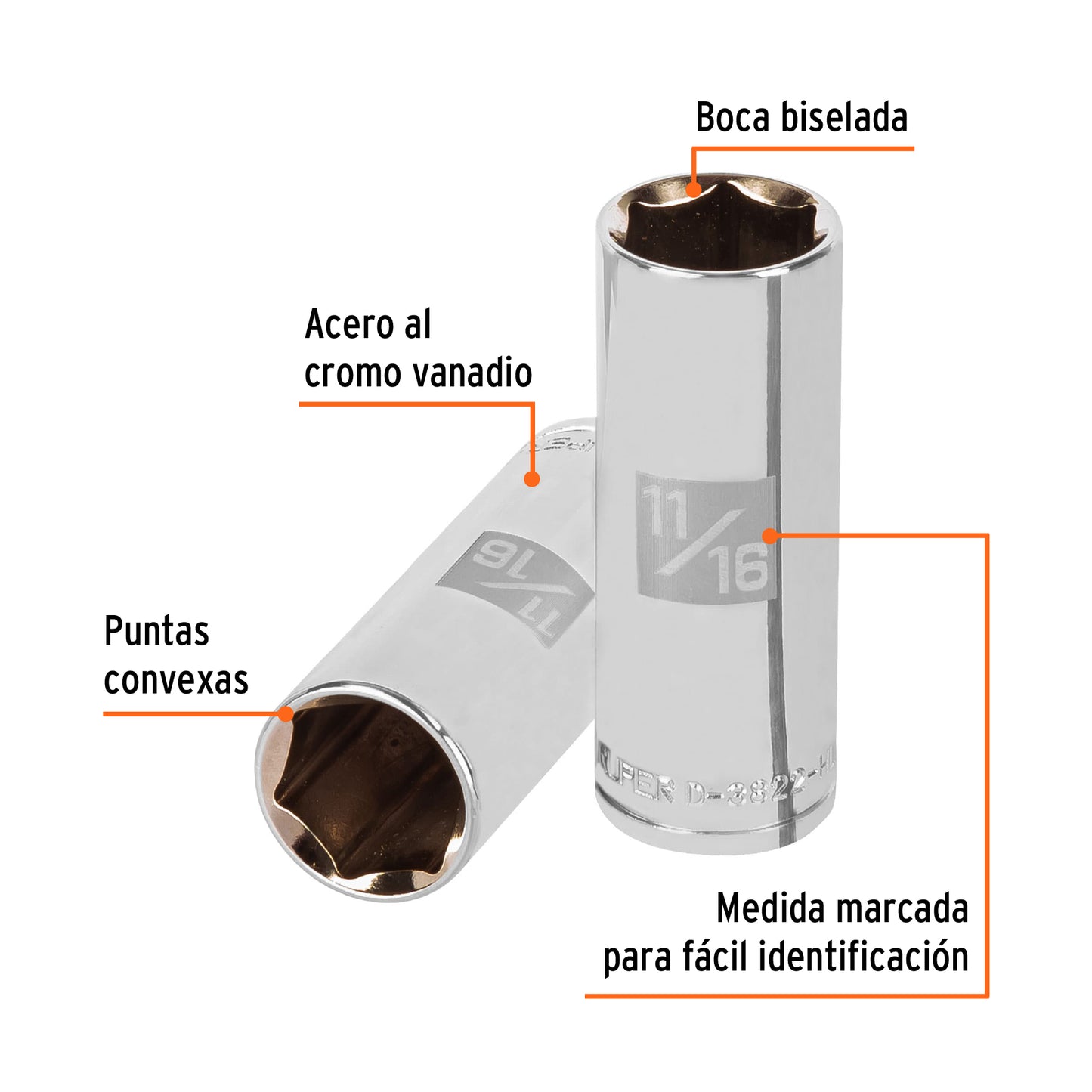 D-3822-HL Copa de 6 puntas, largo, mando 3/8" de 11/16"
