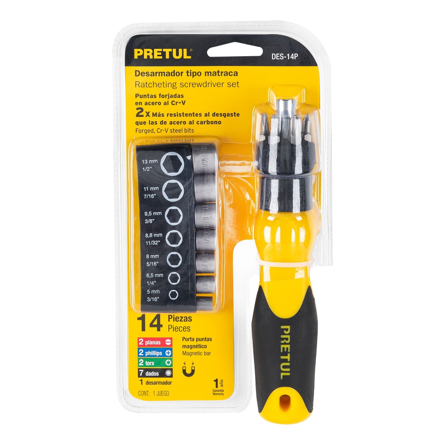 DES-14P Destornillador tipo ratchet y 13 puntas, Pretul